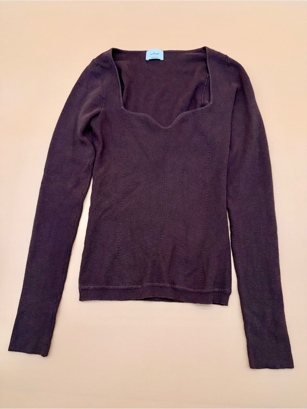Aritzia Wilfred Chocolate Brown Sweetheart Neck Ribbed Knit Long Sleeve Top